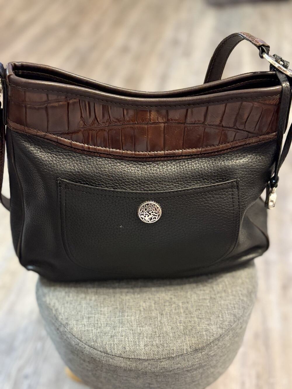 Brighton Black and Brown Croc-Trim Leather Crossbody